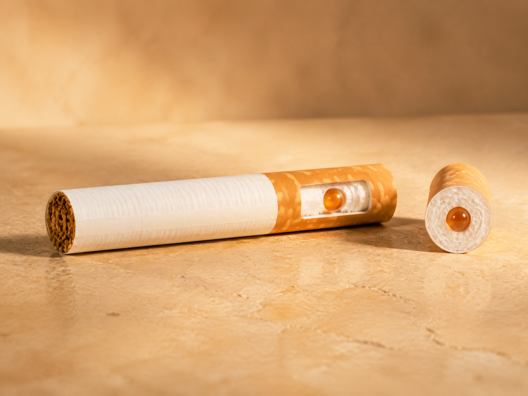 HBS cigarette filter cutaway showing the capsule bead inside